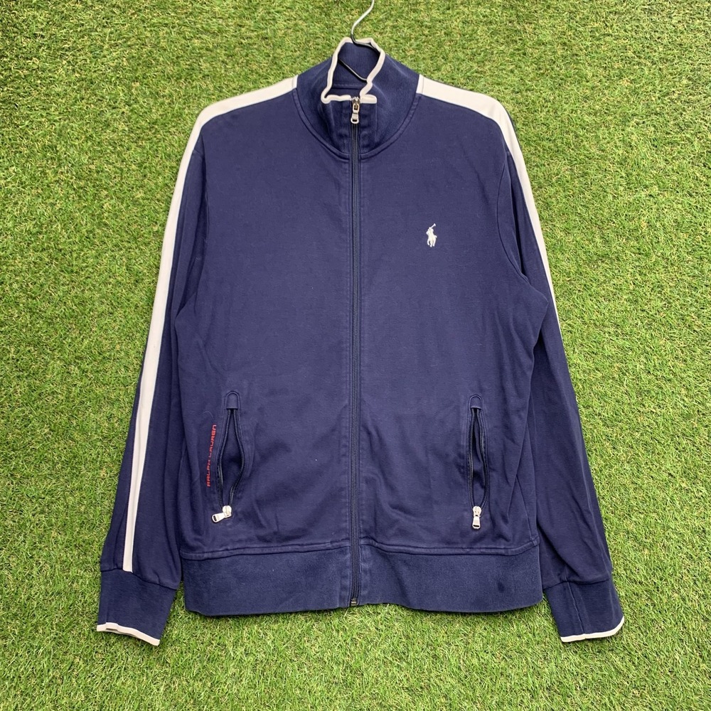 Ralph Lauren Track Jacket Mens Large Navy Blue Full Zip Athletic Stripe Retro